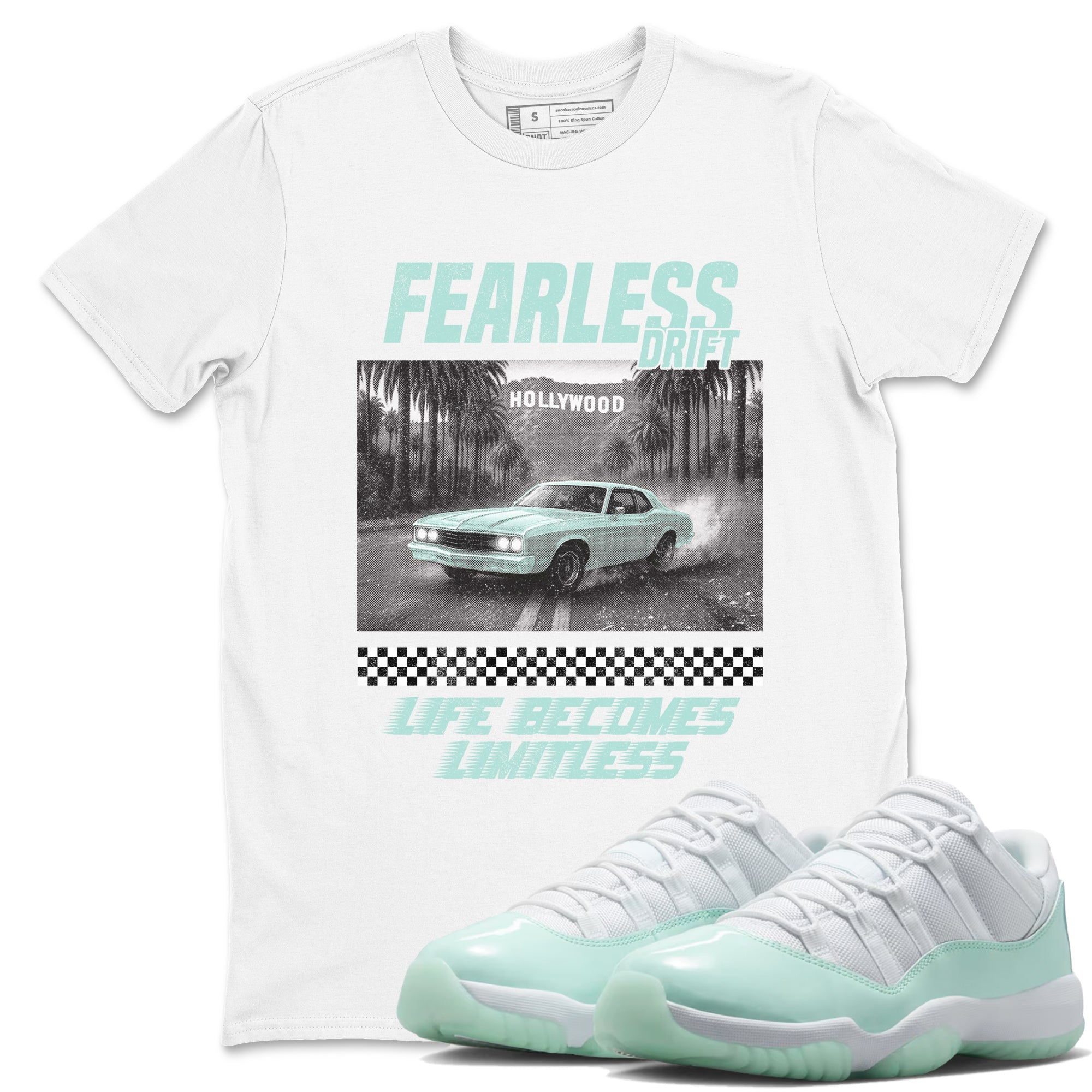 Fearless Drift sneaker match t-shirt styled to complete your fit with the Air Jordan 11 Igloo sneakers, shown in White 1.