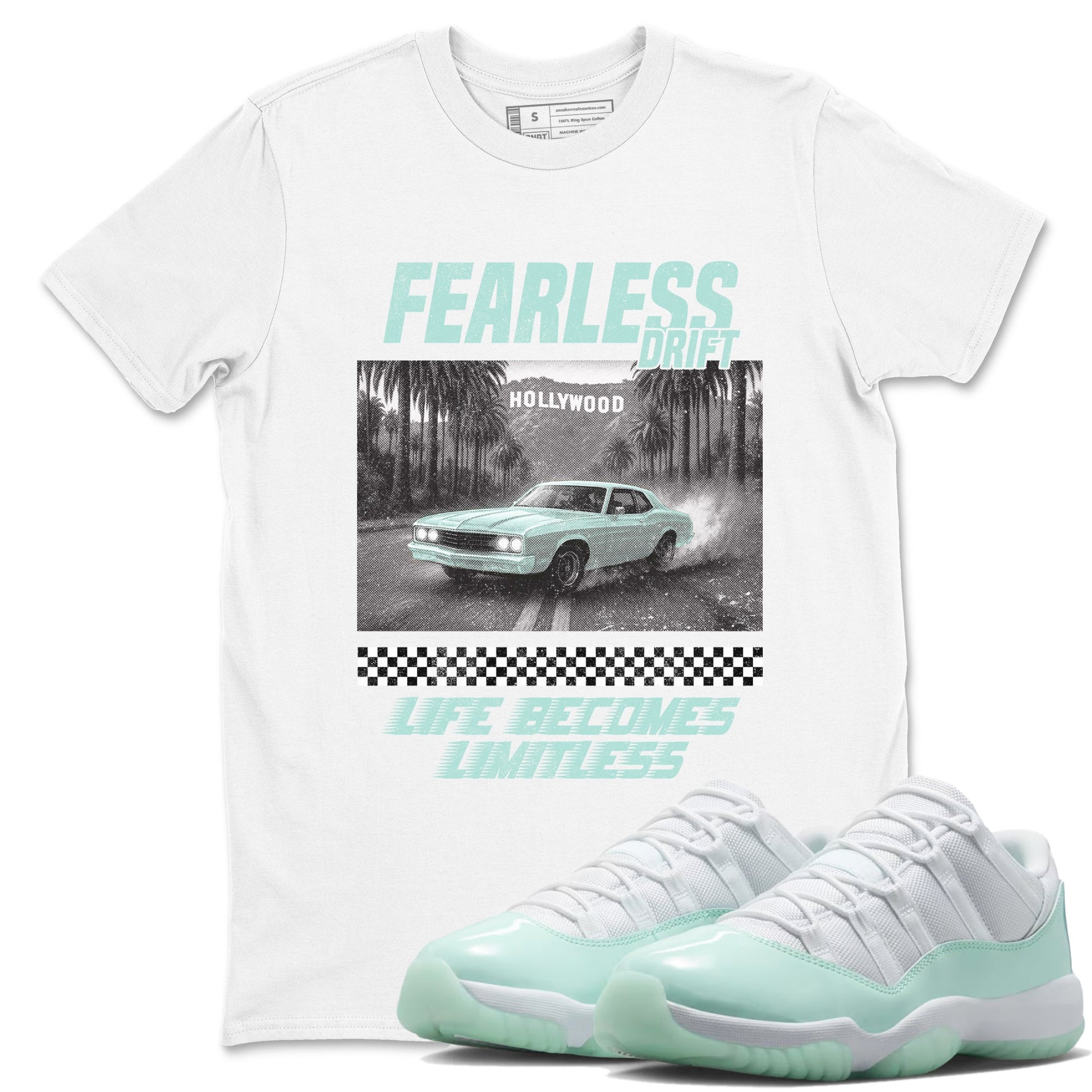 Fearless Drift sneaker match t-shirt styled to complete your fit with the Air Jordan 11 Igloo sneakers, shown in White 1.