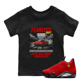 Fearless Drift baby and kids t-shirt crafted for little sneakerheads to shine with the Air Jordan 14 Challenge Red sneakers AJ14 Ferrari, displayed in Black 1.