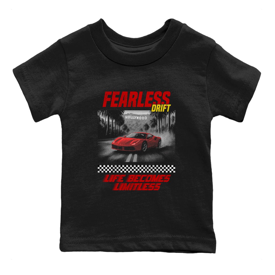 Fearless Drift baby and kids t-shirt crafted for little sneakerheads to shine with the Air Jordan 14 Challenge Red sneakers AJ14 Ferrari, displayed in Black 2.
