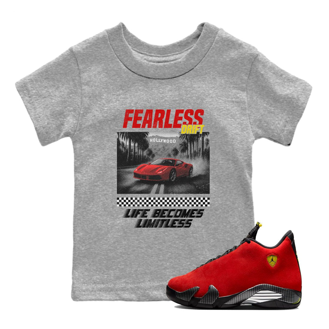 Fearless Drift baby and kids t-shirt crafted for little sneakerheads to shine with the Air Jordan 14 Challenge Red sneakers AJ14 Ferrari, displayed in Heather Grey 1.