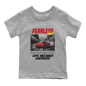 Fearless Drift baby and kids t-shirt crafted for little sneakerheads to shine with the Air Jordan 14 Challenge Red sneakers AJ14 Ferrari, displayed in Heather Grey 2.