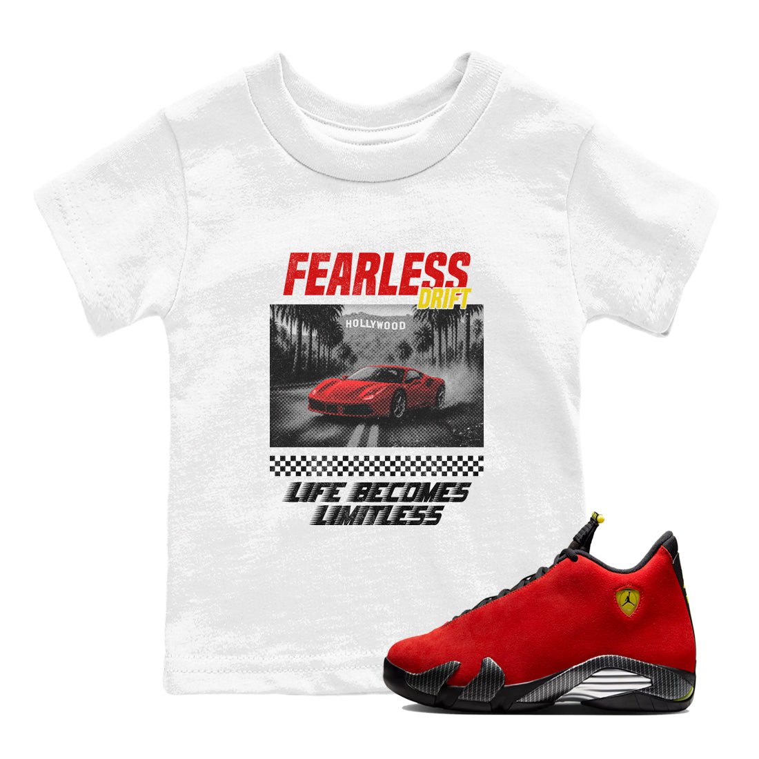 Fearless Drift baby and kids t-shirt crafted for little sneakerheads to shine with the Air Jordan 14 Challenge Red sneakers AJ14 Ferrari, displayed in White 1.