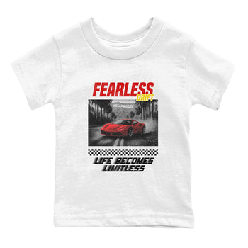 Fearless Drift baby and kids t-shirt crafted for little sneakerheads to shine with the Air Jordan 14 Challenge Red sneakers AJ14 Ferrari, displayed in White 2.