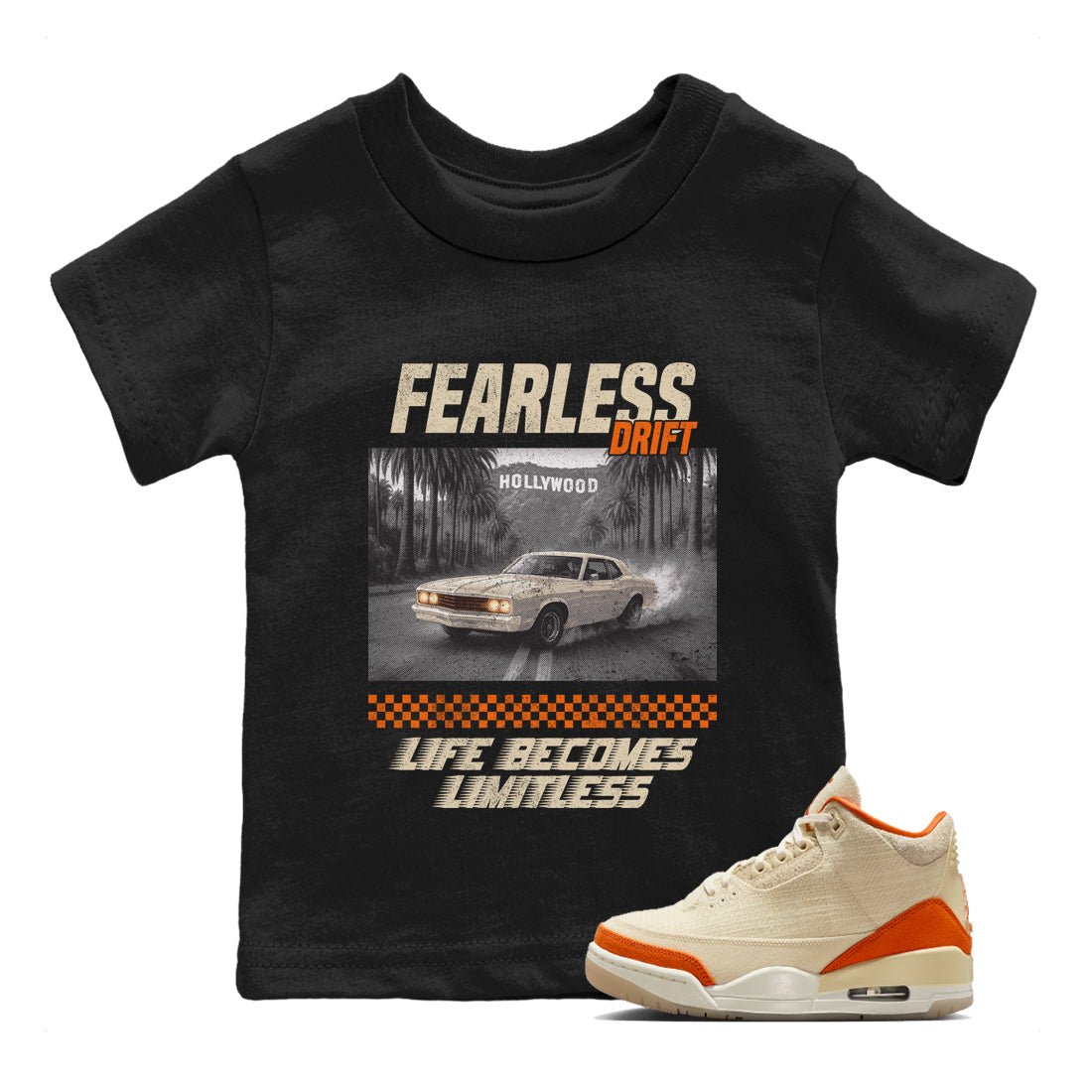 Fearless Drift baby and kids t-shirt crafted for little sneakerheads to shine with the Air Jordan 3 Starfish sneakers, displayed in Black 1.