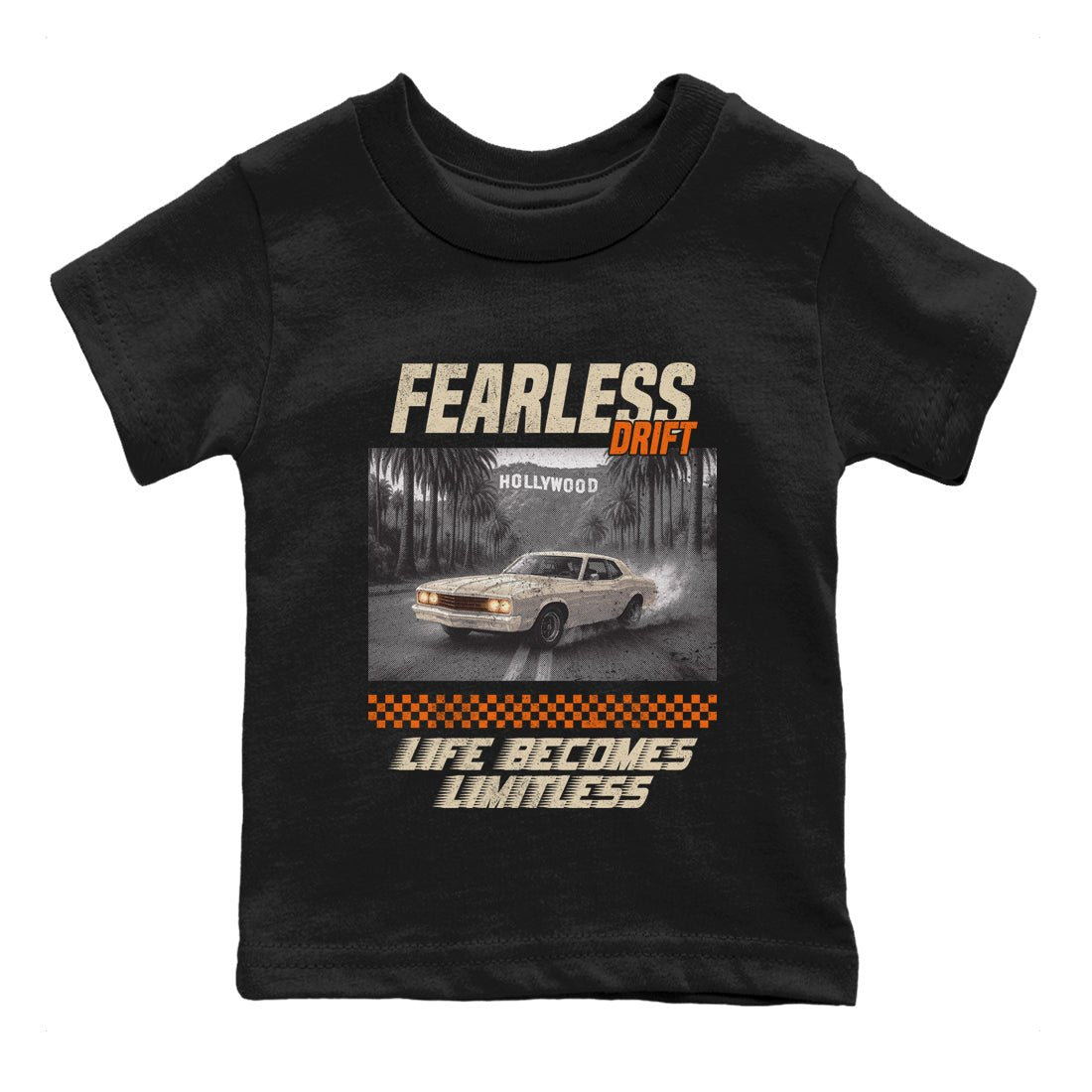 Fearless Drift baby and kids t-shirt crafted for little sneakerheads to shine with the Air Jordan 3 Starfish sneakers, displayed in Black 2.