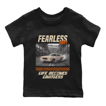 Fearless Drift baby and kids t-shirt crafted for little sneakerheads to shine with the Air Jordan 3 Starfish sneakers, displayed in Black 2.