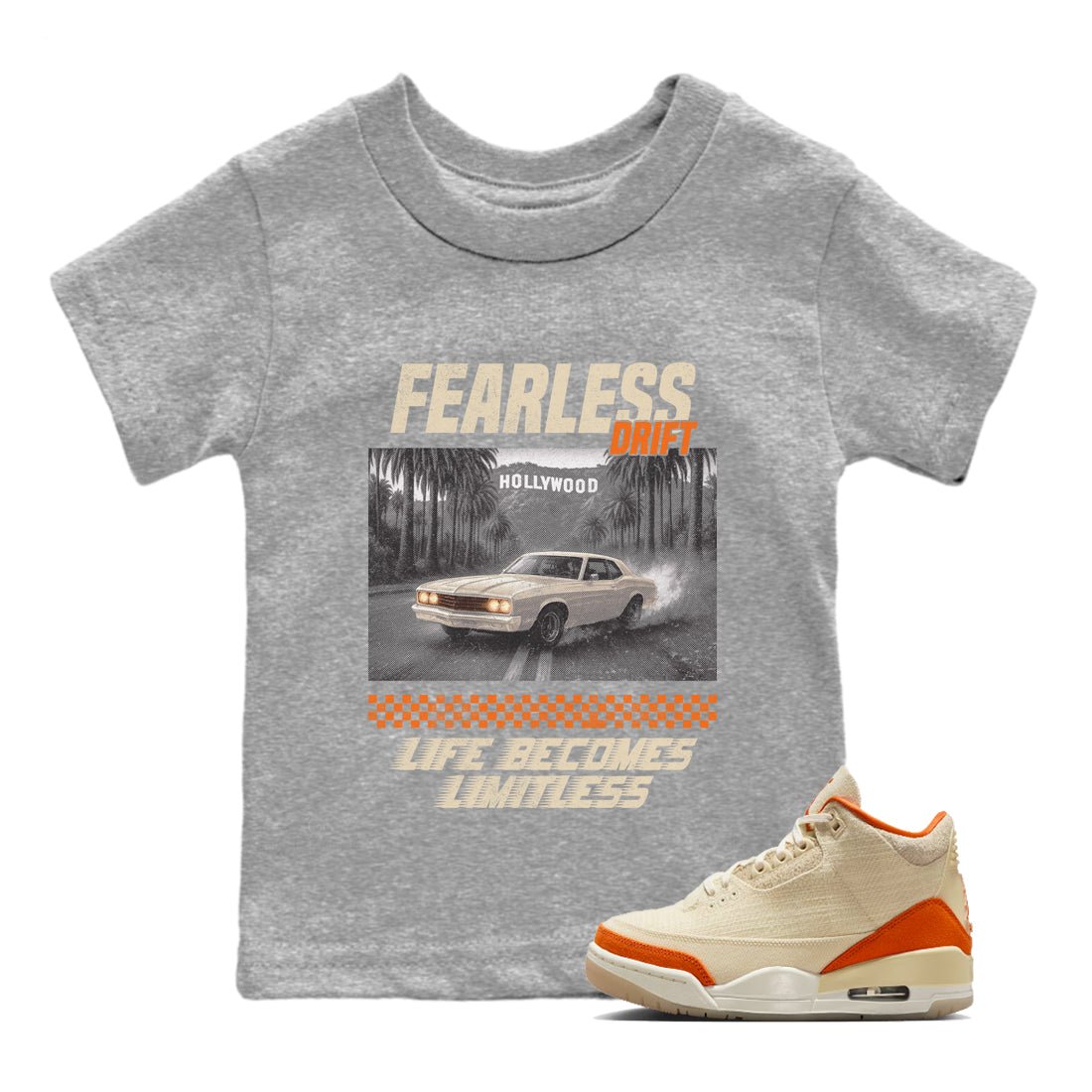 Fearless Drift baby and kids t-shirt crafted for little sneakerheads to shine with the Air Jordan 3 Starfish sneakers, displayed in Heather Grey 1.