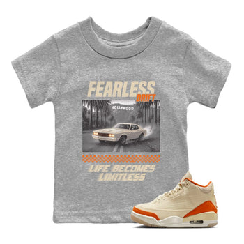 Fearless Drift baby and kids t-shirt crafted for little sneakerheads to shine with the Air Jordan 3 Starfish sneakers, displayed in Heather Grey 1.