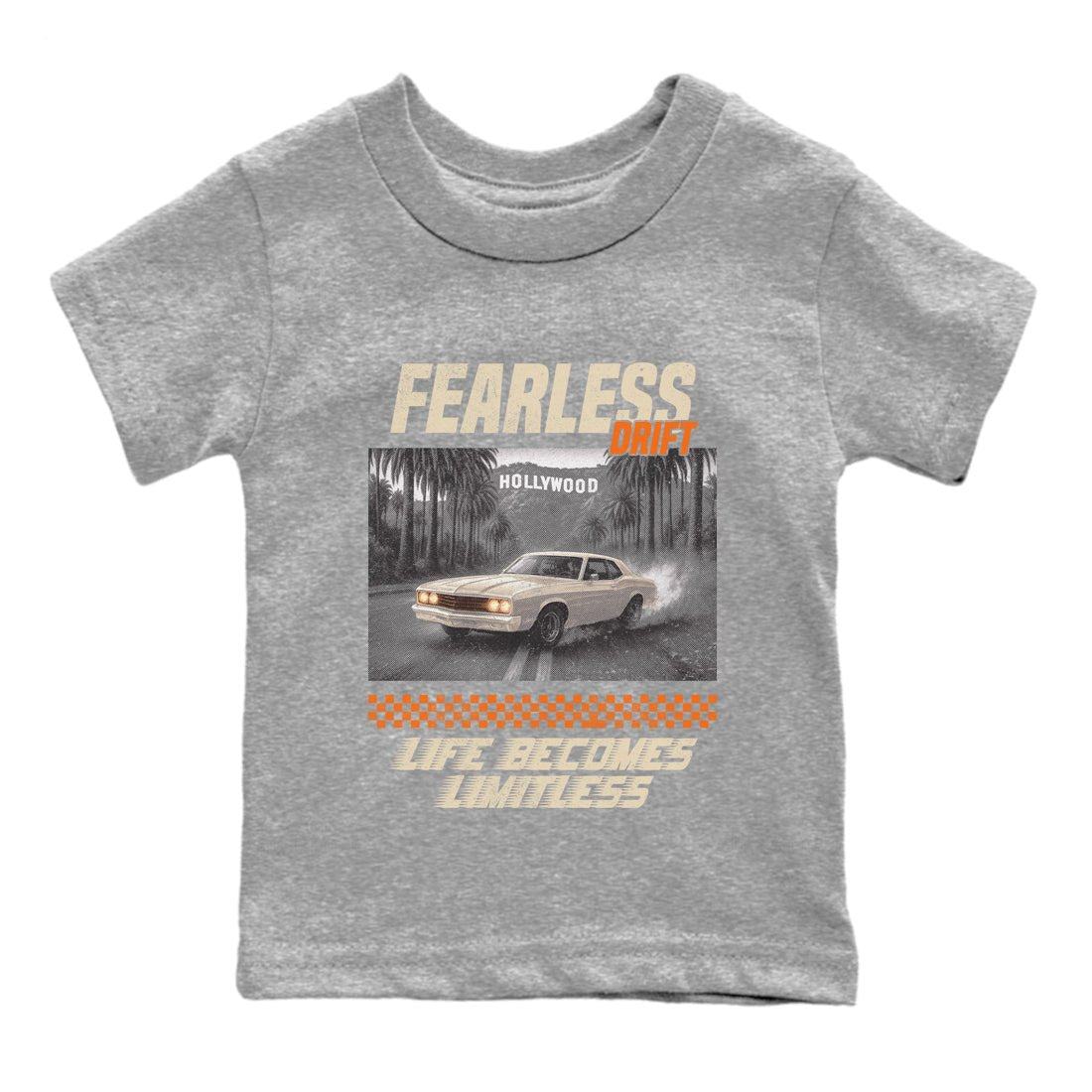 Fearless Drift baby and kids t-shirt crafted for little sneakerheads to shine with the Air Jordan 3 Starfish sneakers, displayed in Heather Grey 2.