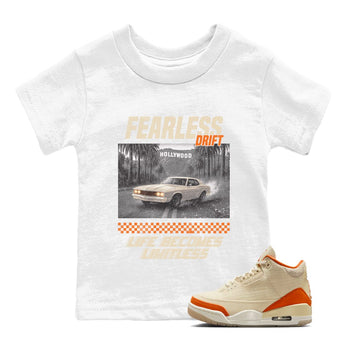 Fearless Drift baby and kids t-shirt crafted for little sneakerheads to shine with the Air Jordan 3 Starfish sneakers, displayed in White 1.