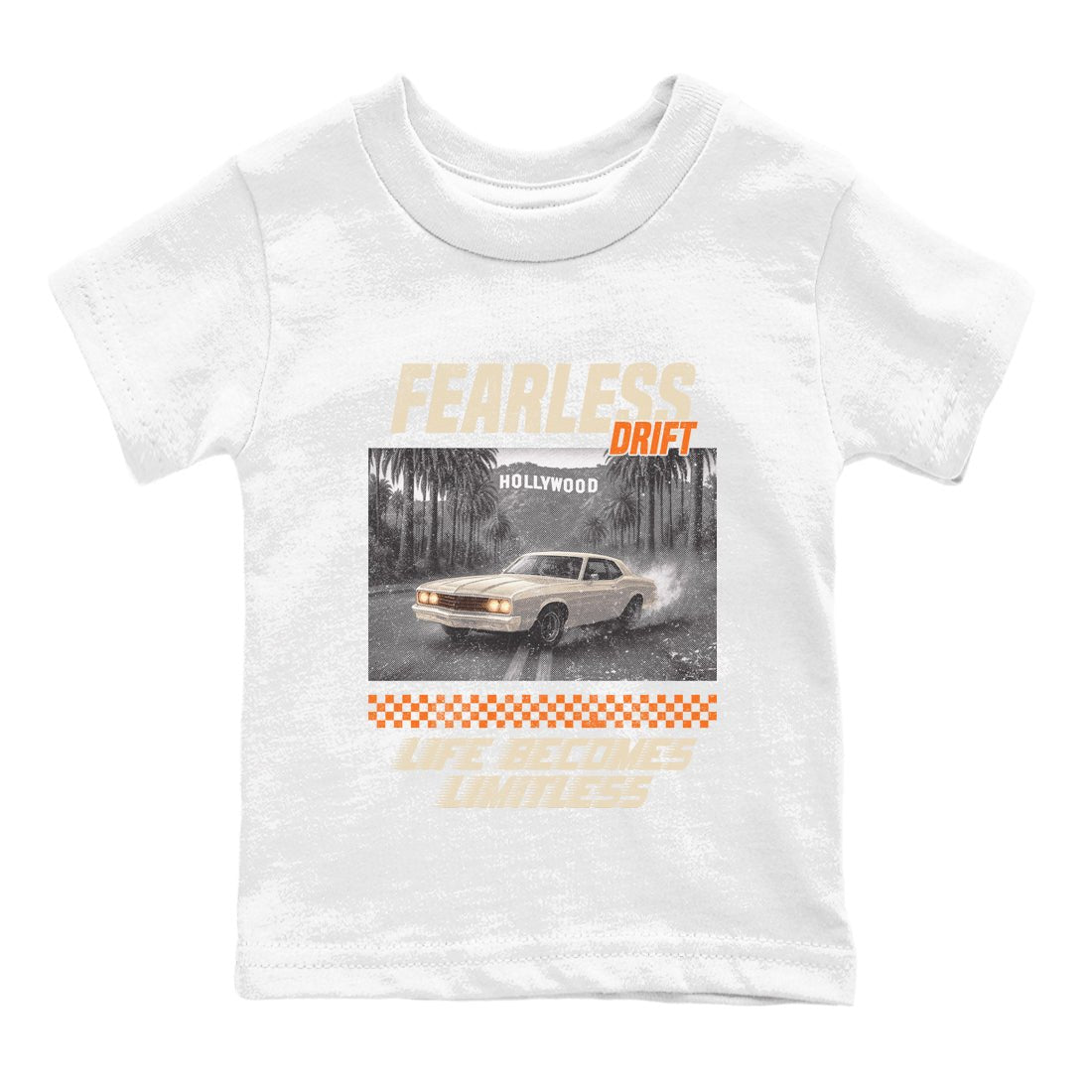 Fearless Drift baby and kids t-shirt crafted for little sneakerheads to shine with the Air Jordan 3 Starfish sneakers, displayed in White 2.