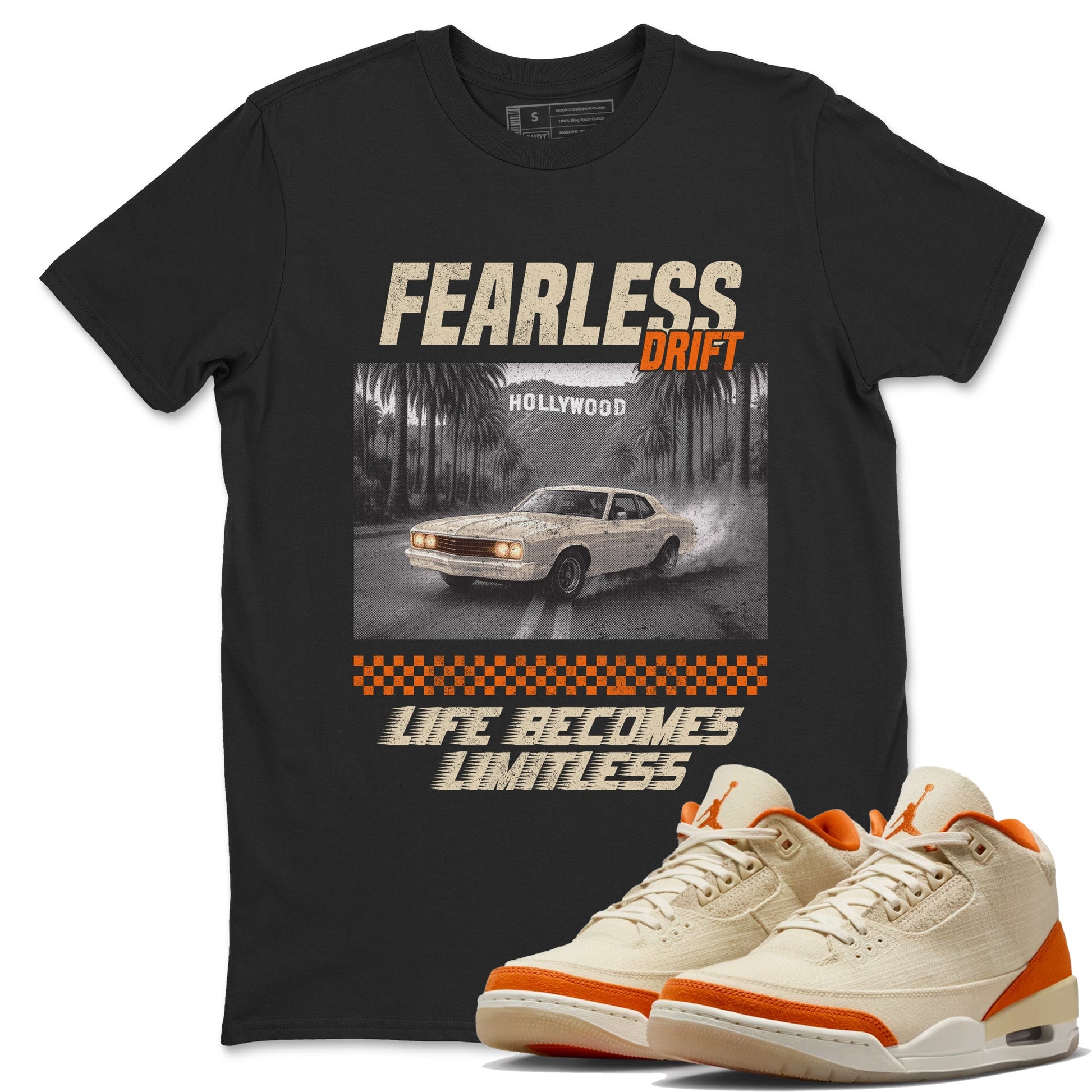 Fearless Drift sneaker match t-shirt styled to complete your fit with the Air Jordan 3 Starfish sneakers, shown in Black 1.