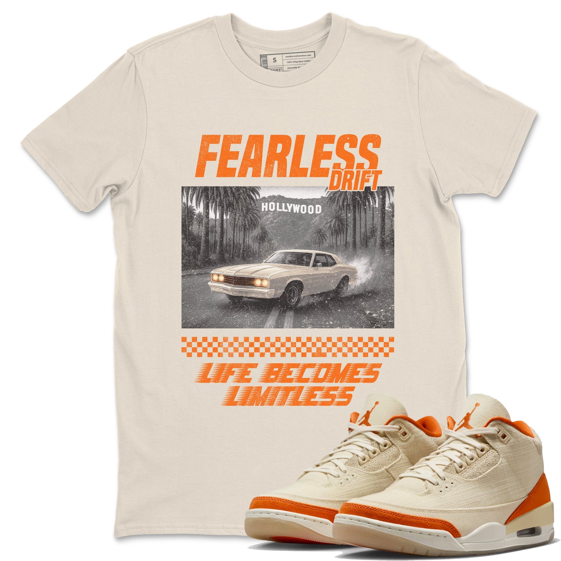 Fearless Drift sneaker match t-shirt styled to complete your fit with the Air Jordan 3 Starfish sneakers, shown in Natural 1.
