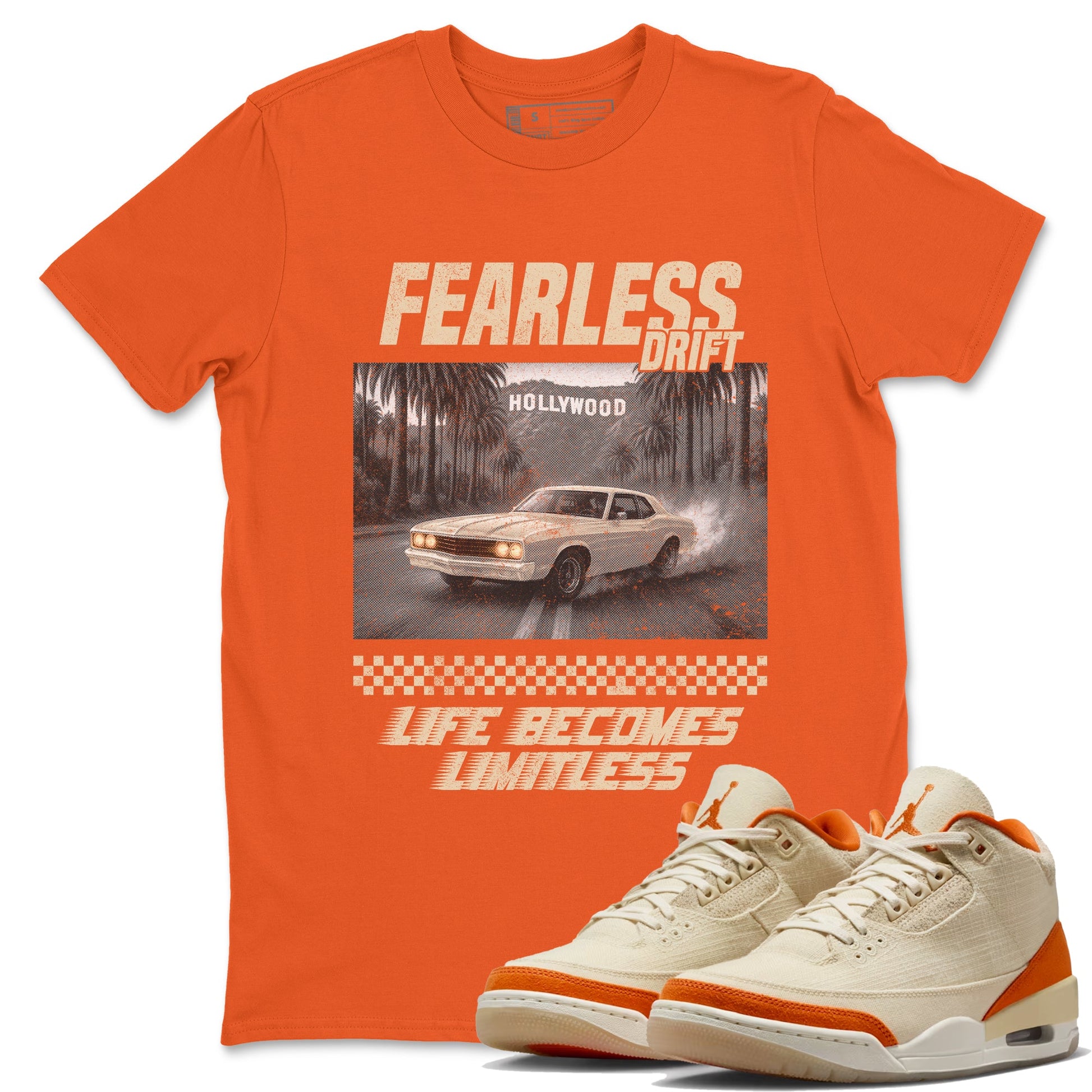 Fearless Drift sneaker match t-shirt styled to complete your fit with the Air Jordan 3 Starfish sneakers, shown in Orange 1.