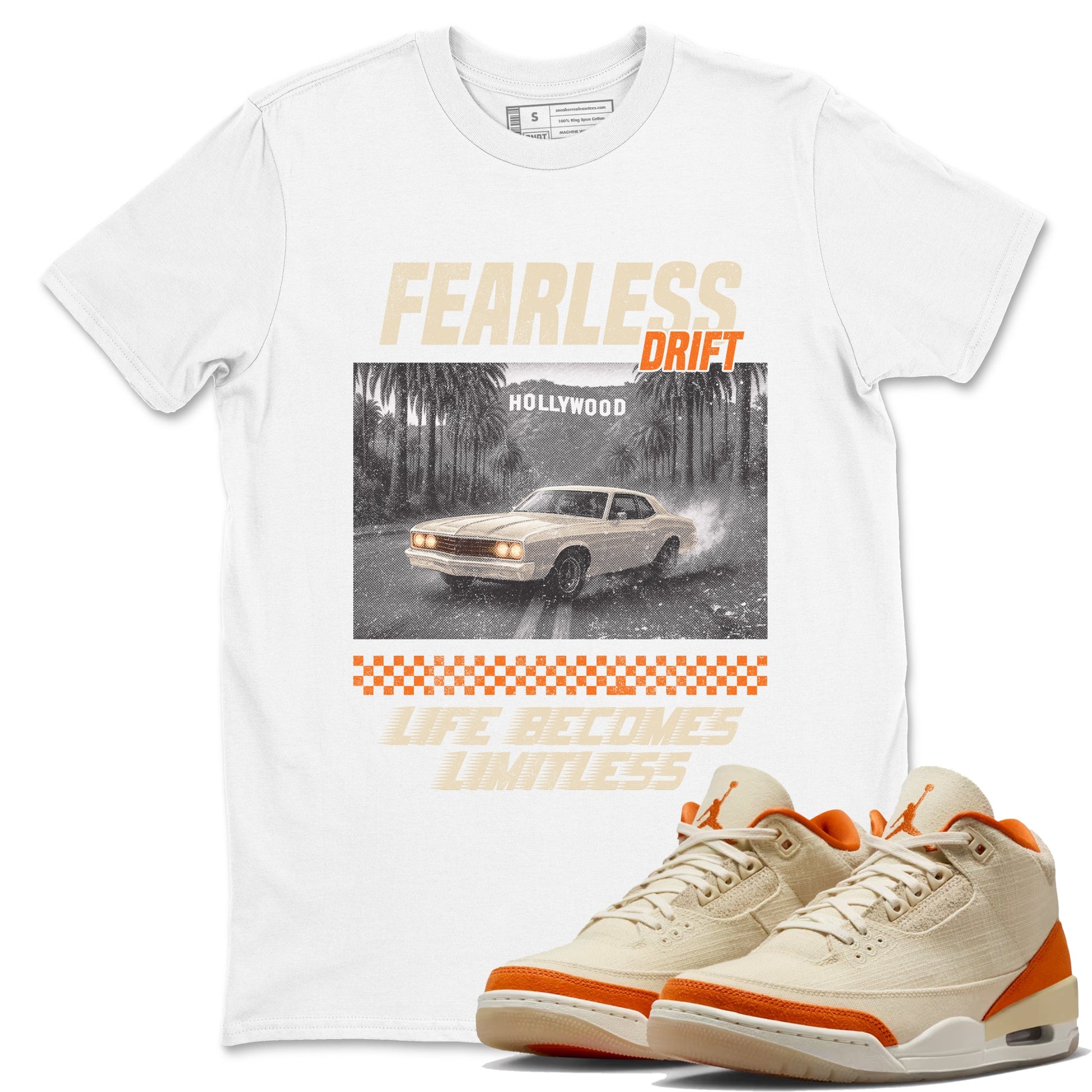 Fearless Drift sneaker match t-shirt styled to complete your fit with the Air Jordan 3 Starfish sneakers, shown in White 1.
