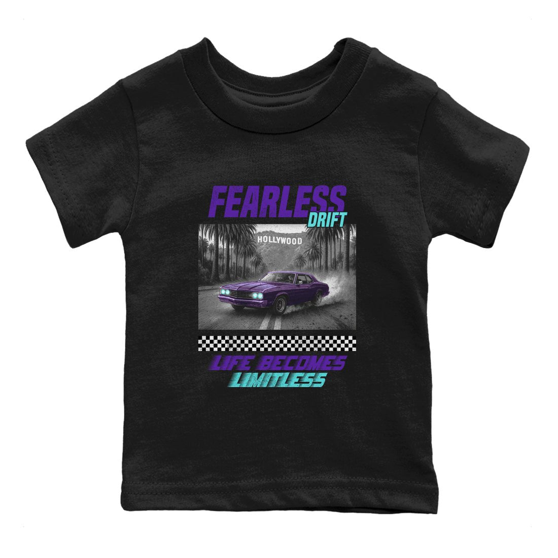 Fearless Drift baby and kids t-shirt crafted for little sneakerheads to shine with the Air Jordan 5 Grape sneakers, displayed in Black 2.