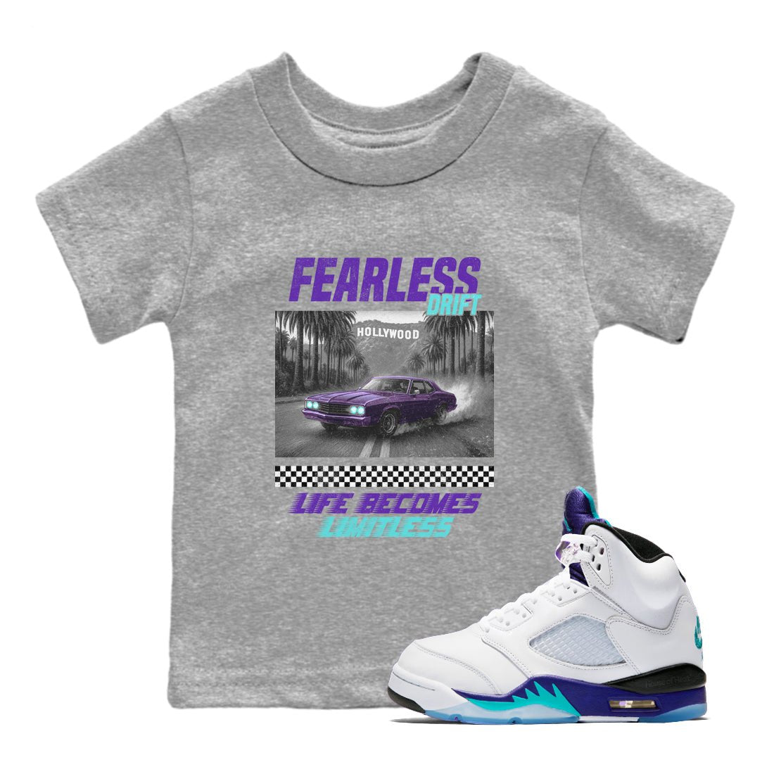 Fearless Drift baby and kids t-shirt crafted for little sneakerheads to shine with the Air Jordan 5 Grape sneakers, displayed in Heather Grey 1.