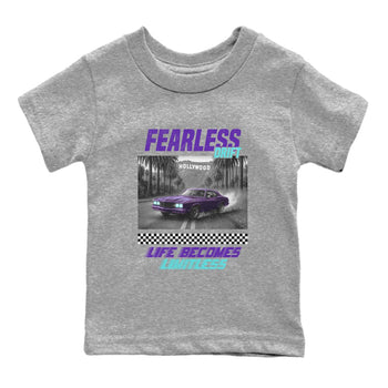 Fearless Drift baby and kids t-shirt crafted for little sneakerheads to shine with the Air Jordan 5 Grape sneakers, displayed in Heather Grey 2.