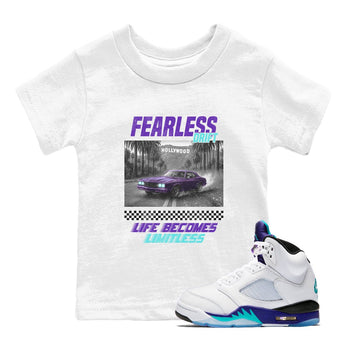 Fearless Drift baby and kids t-shirt crafted for little sneakerheads to shine with the Air Jordan 5 Grape sneakers, displayed in White 1.
