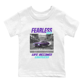 Fearless Drift baby and kids t-shirt crafted for little sneakerheads to shine with the Air Jordan 5 Grape sneakers, displayed in White 2.