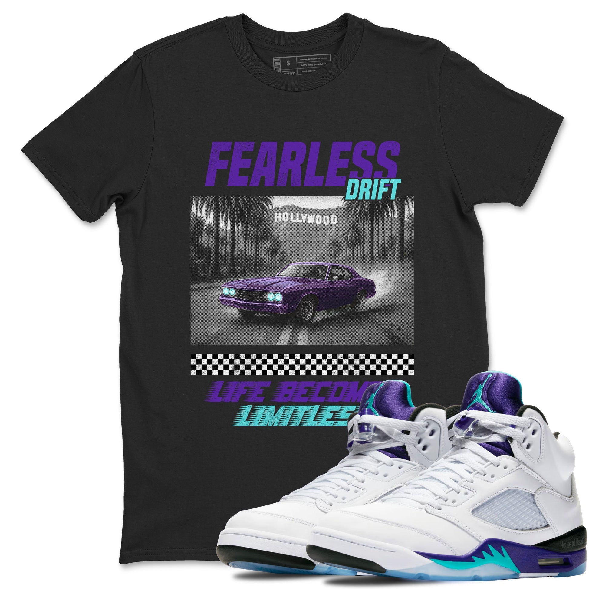 Fearless Drift sneaker match t-shirt styled to complete your fit with the Air Jordan 5 Grape sneakers, shown in Black 1.