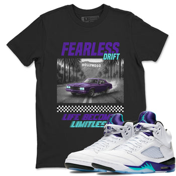 Fearless Drift sneaker match t-shirt styled to complete your fit with the Air Jordan 5 Grape sneakers, shown in Black 1.
