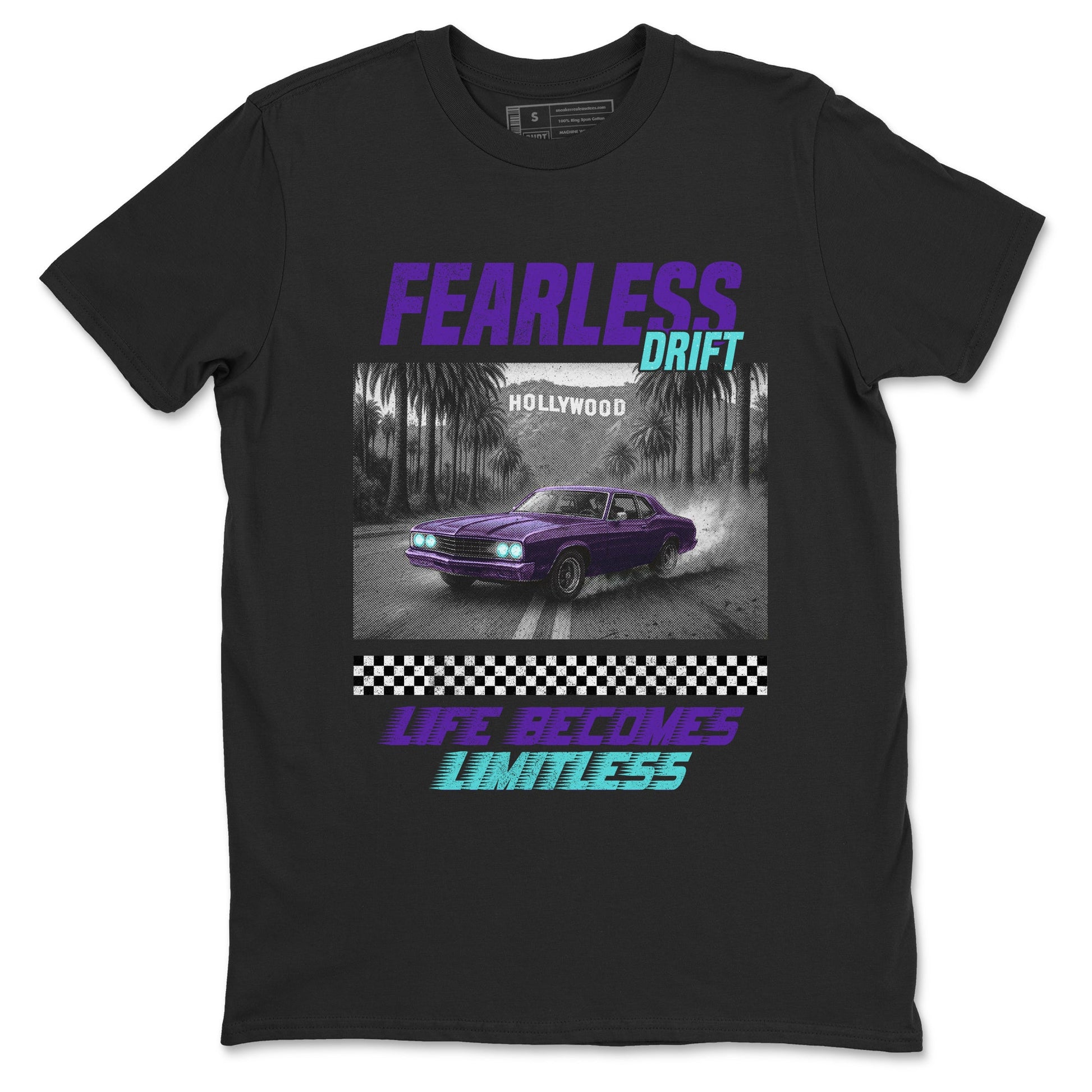 Fearless Drift sneaker match t-shirt styled to complete your fit with the Air Jordan 5 Grape sneakers, shown in Black 2.