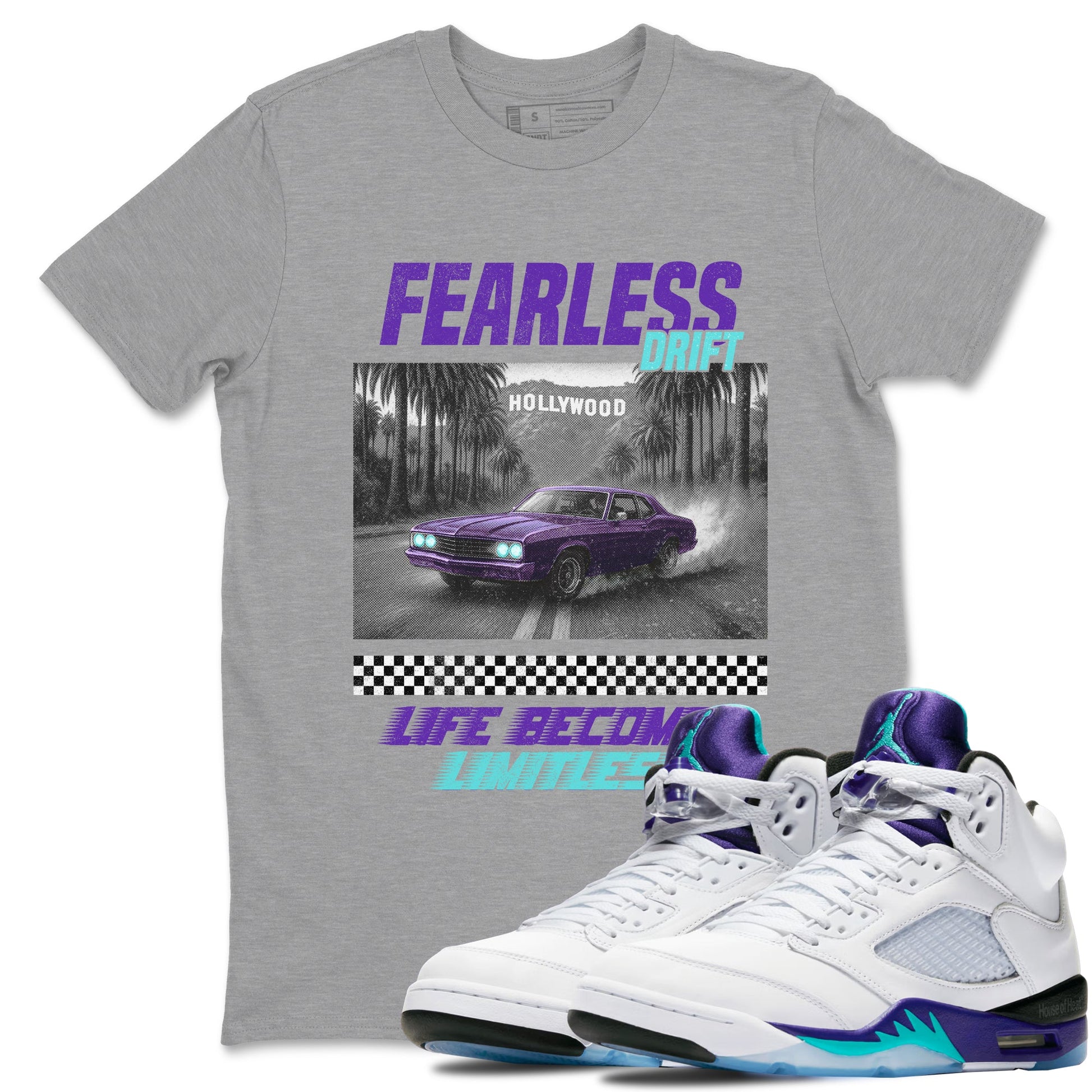 Fearless Drift sneaker match t-shirt styled to complete your fit with the Air Jordan 5 Grape sneakers, shown in Heather Grey 1.