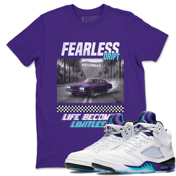 Fearless Drift sneaker match t-shirt styled to complete your fit with the Air Jordan 5 Grape sneakers, shown in Purple 1.