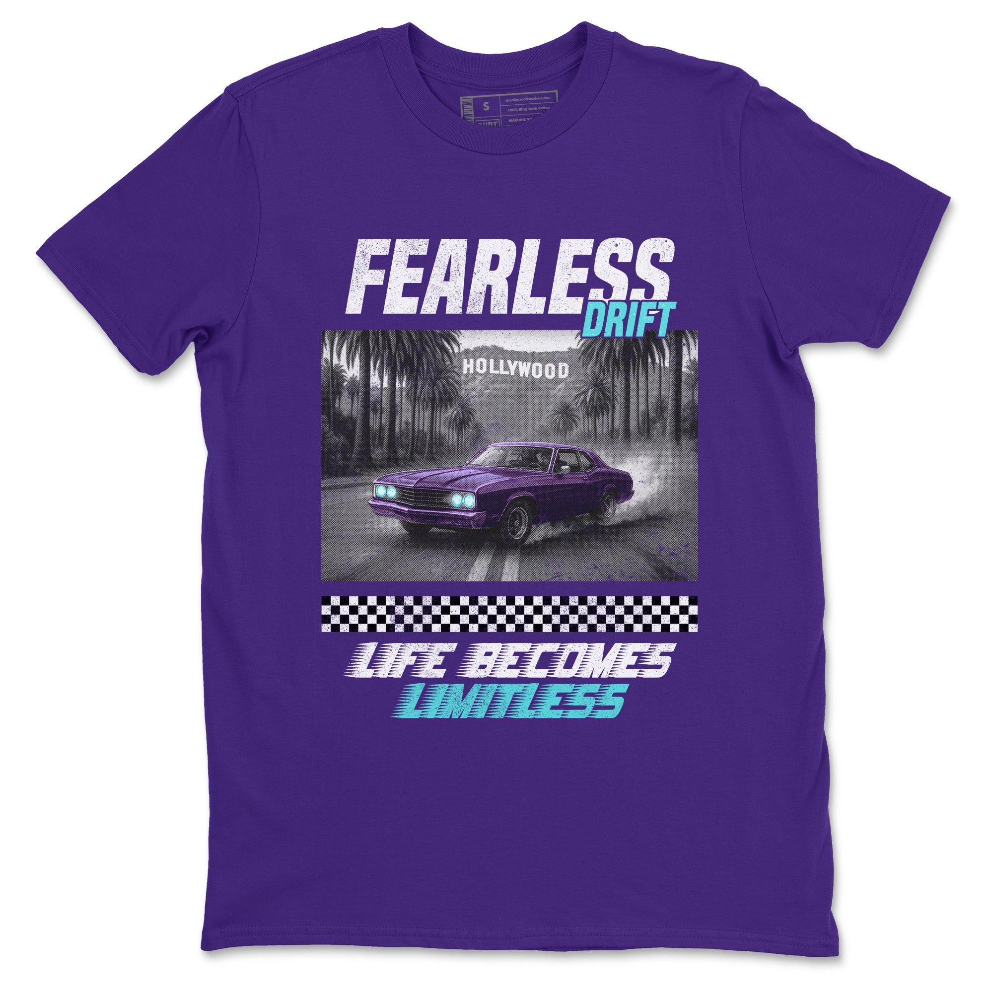 Fearless Drift sneaker match t-shirt styled to complete your fit with the Air Jordan 5 Grape sneakers, shown in Purple 2.