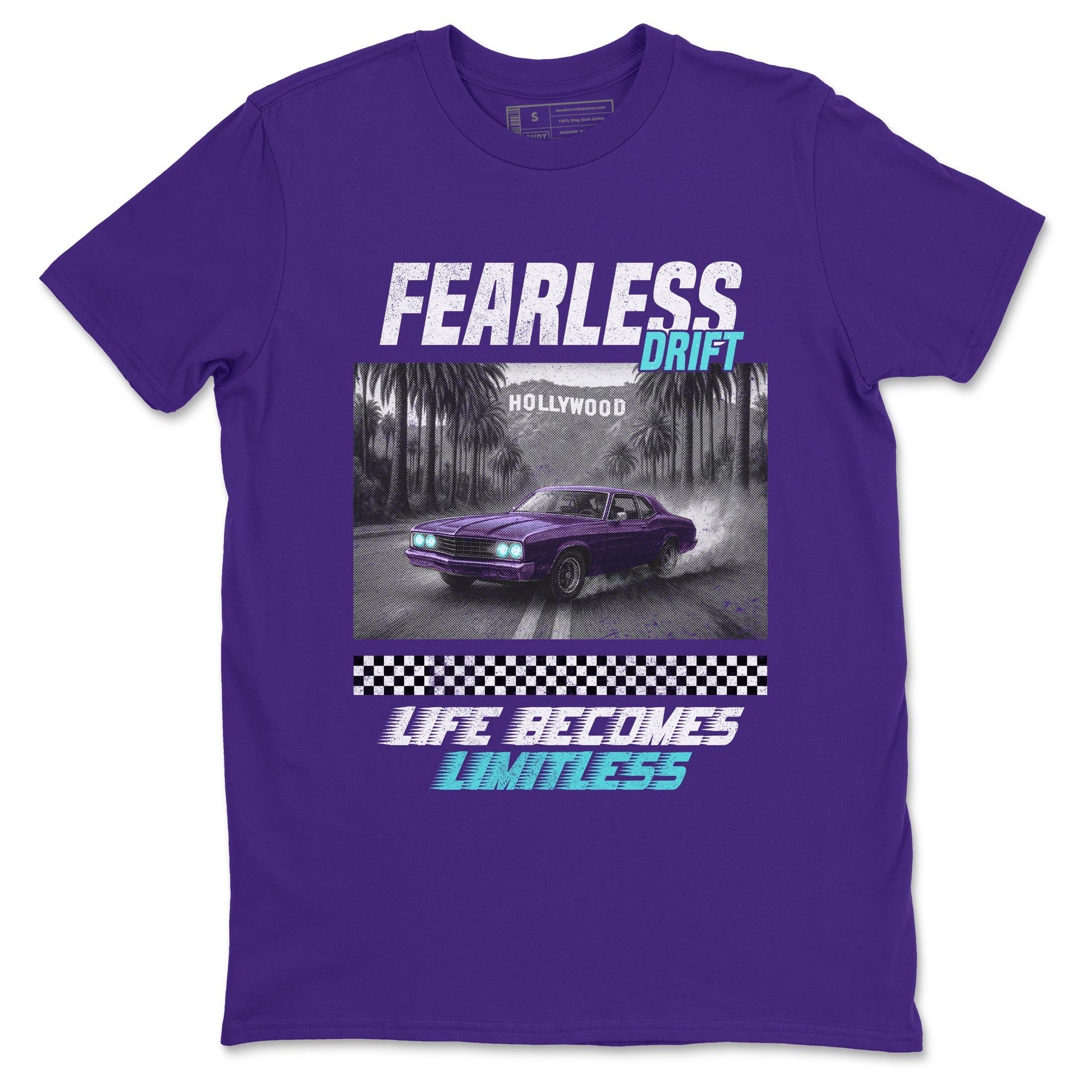 Fearless Drift sneaker match t-shirt styled to complete your fit with the Air Jordan 5 Grape sneakers, shown in Purple 2.