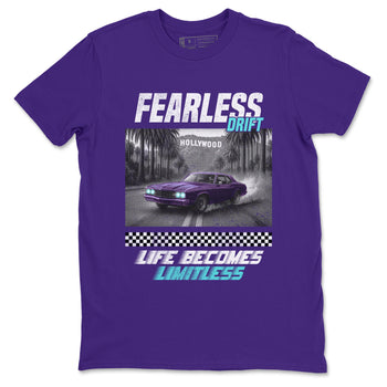 Fearless Drift sneaker match t-shirt styled to complete your fit with the Air Jordan 5 Grape sneakers, shown in Purple 2.