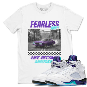Fearless Drift sneaker match t-shirt styled to complete your fit with the Air Jordan 5 Grape sneakers, shown in White 1.