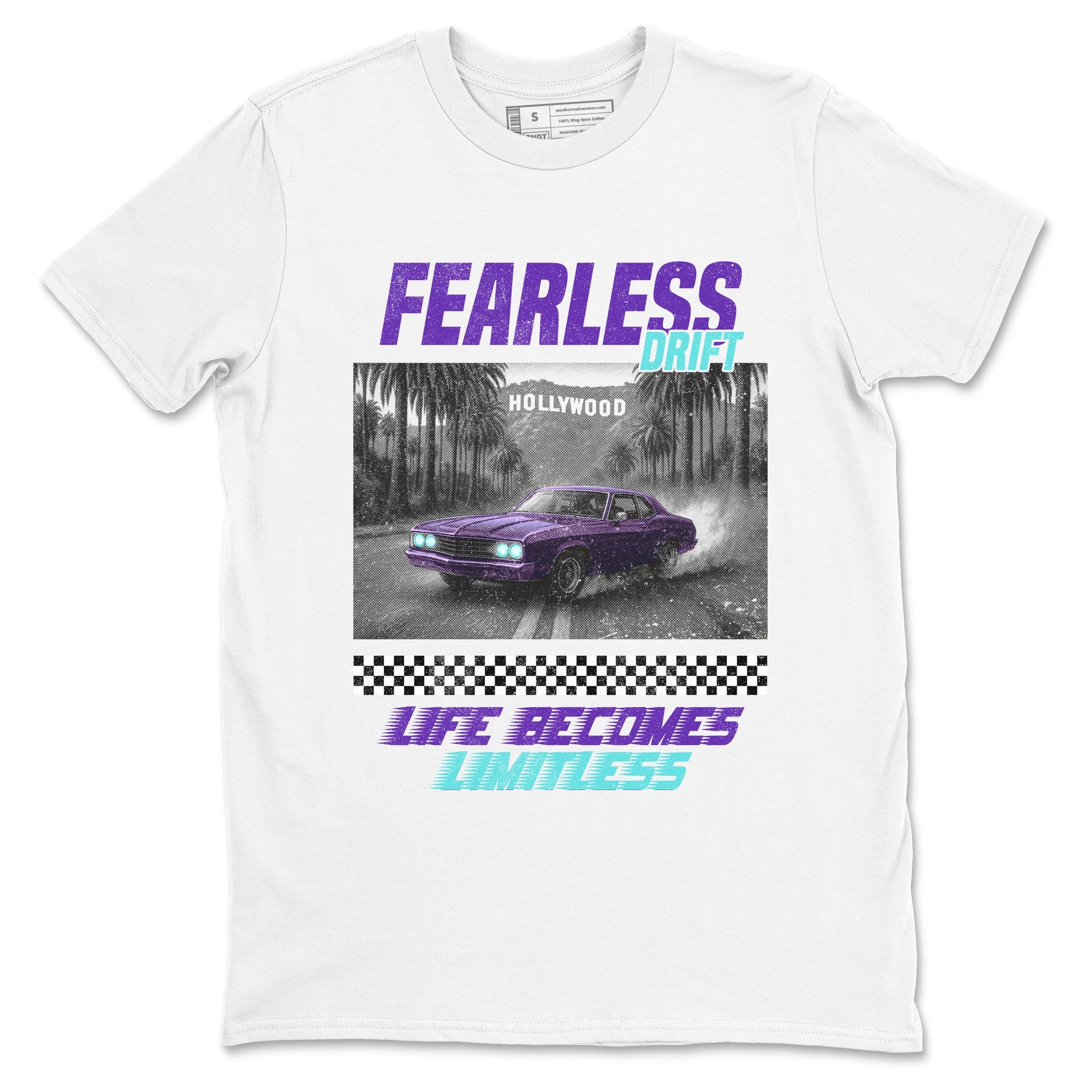 Fearless Drift sneaker match t-shirt styled to complete your fit with the Air Jordan 5 Grape sneakers, shown in White 2.