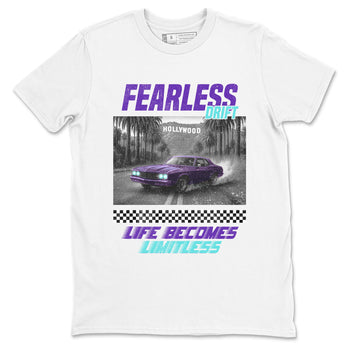 Fearless Drift sneaker match t-shirt styled to complete your fit with the Air Jordan 5 Grape sneakers, shown in White 2.