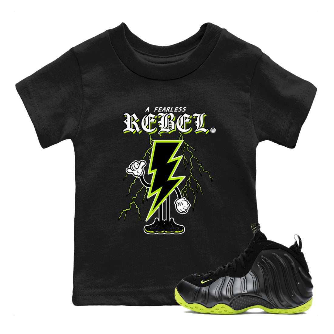 Foams One Black Volt shirts to match jordans Fearless Rebel sneaker match tees Air Foamposite One Black and Volt match shoes to clothes SNRT Sneaker Tees Youth Baby Black 1 tee