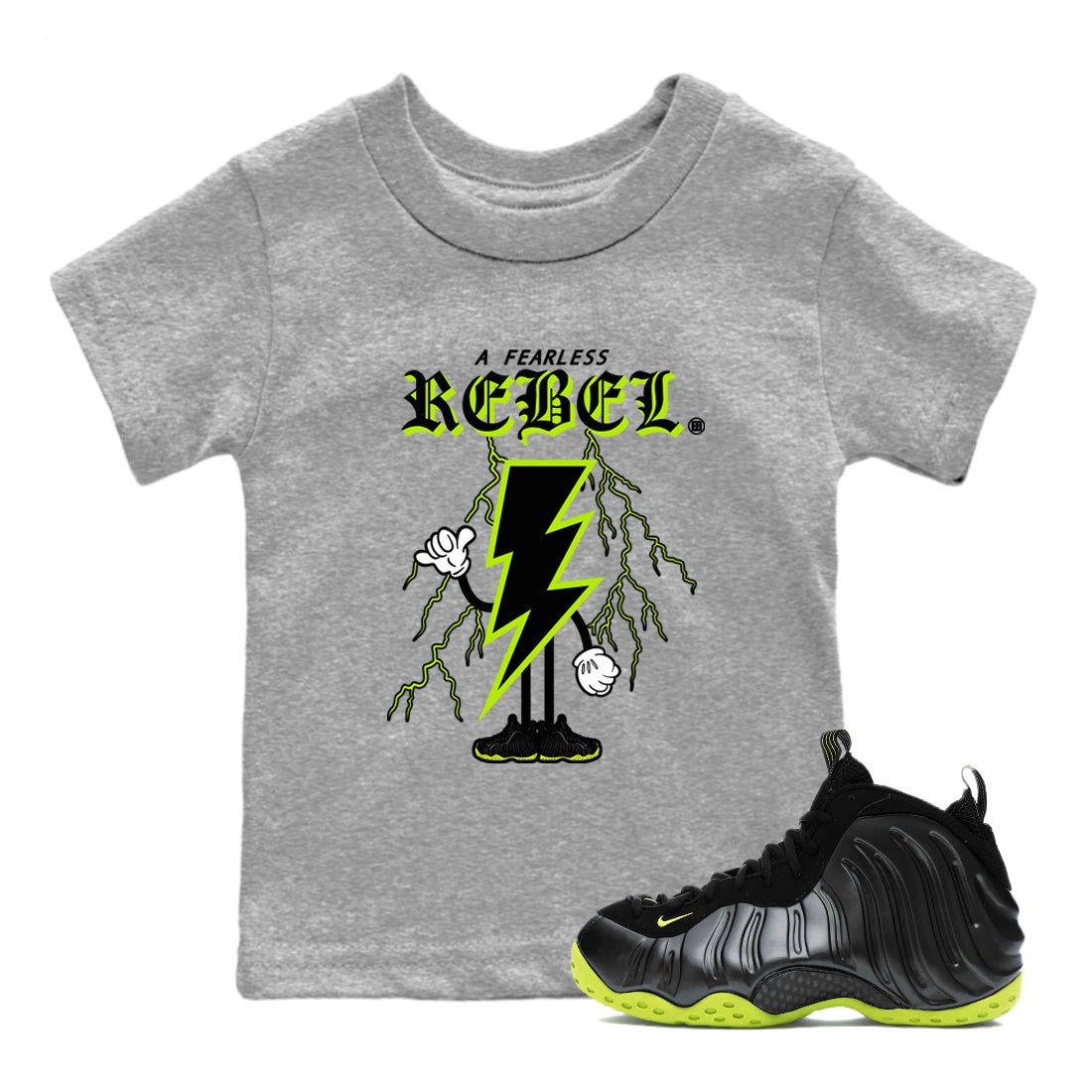 Foams One Black Volt shirts to match jordans Fearless Rebel sneaker match tees Air Foamposite One Black and Volt match shoes to clothes SNRT Sneaker Tees Youth Baby Heather Grey 1 tee
