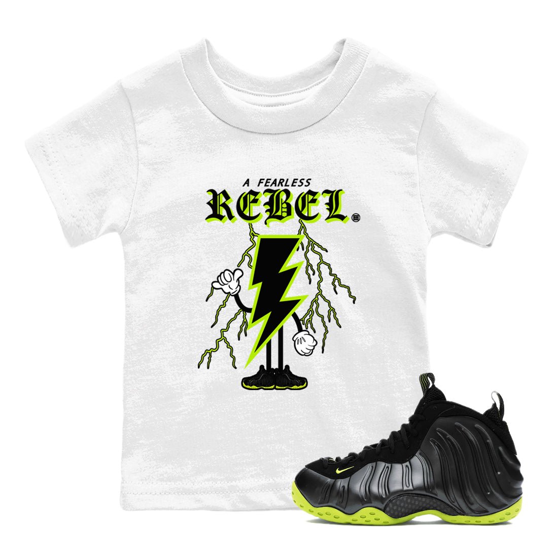 Foams One Black Volt shirts to match jordans Fearless Rebel sneaker match tees Air Foamposite One Black and Volt match shoes to clothes SNRT Sneaker Tees Youth Baby White 1 tee