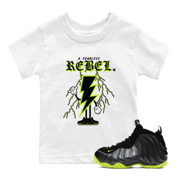 Foams One Black Volt shirts to match jordans Fearless Rebel sneaker match tees Air Foamposite One Black and Volt match shoes to clothes SNRT Sneaker Tees Youth Baby White 1 tee