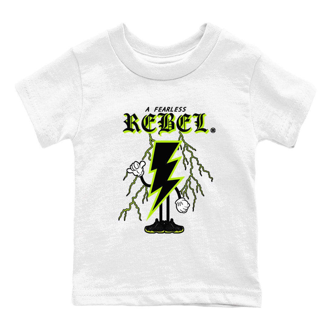 Foams One Black Volt shirts to match jordans Fearless Rebel sneaker match tees Air Foamposite One Black and Volt match shoes to clothes SNRT Sneaker Tees Youth Baby White 2 tee