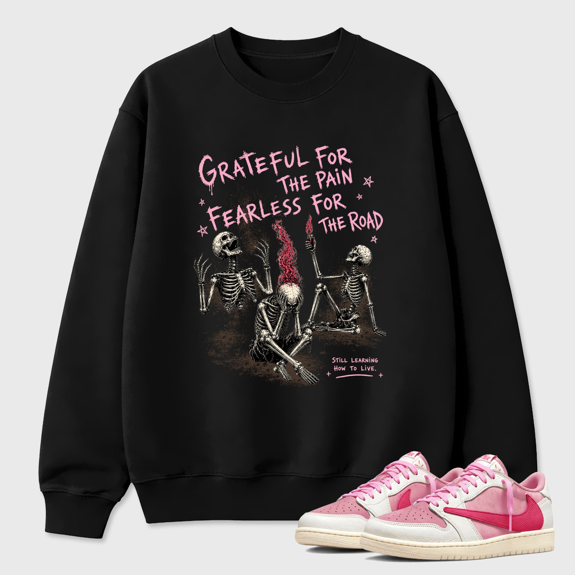 Sneakerfit Streetwear outfit, Sneaker Tees To Match Air Jordan 1 Travis Scott Tropical Pink – Fearless Road Graphic Tee Black 1