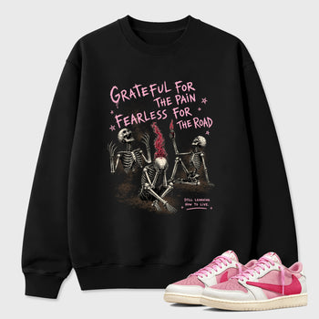 Sneakerfit Streetwear outfit, Sneaker Tees To Match Air Jordan 1 Travis Scott Tropical Pink – Fearless Road Graphic Tee Black 1