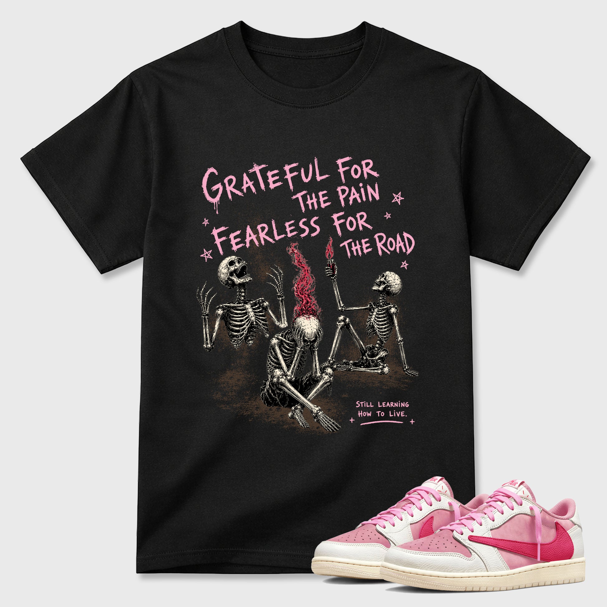 Sneakerfit Streetwear outfit, Sneaker Tees To Match Air Jordan 1 Travis Scott Tropical Pink – Fearless Road Graphic Tee Black 1