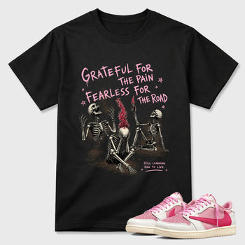 Sneakerfit Streetwear outfit, Sneaker Tees To Match Air Jordan 1 Travis Scott Tropical Pink – Fearless Road Graphic Tee Black 1