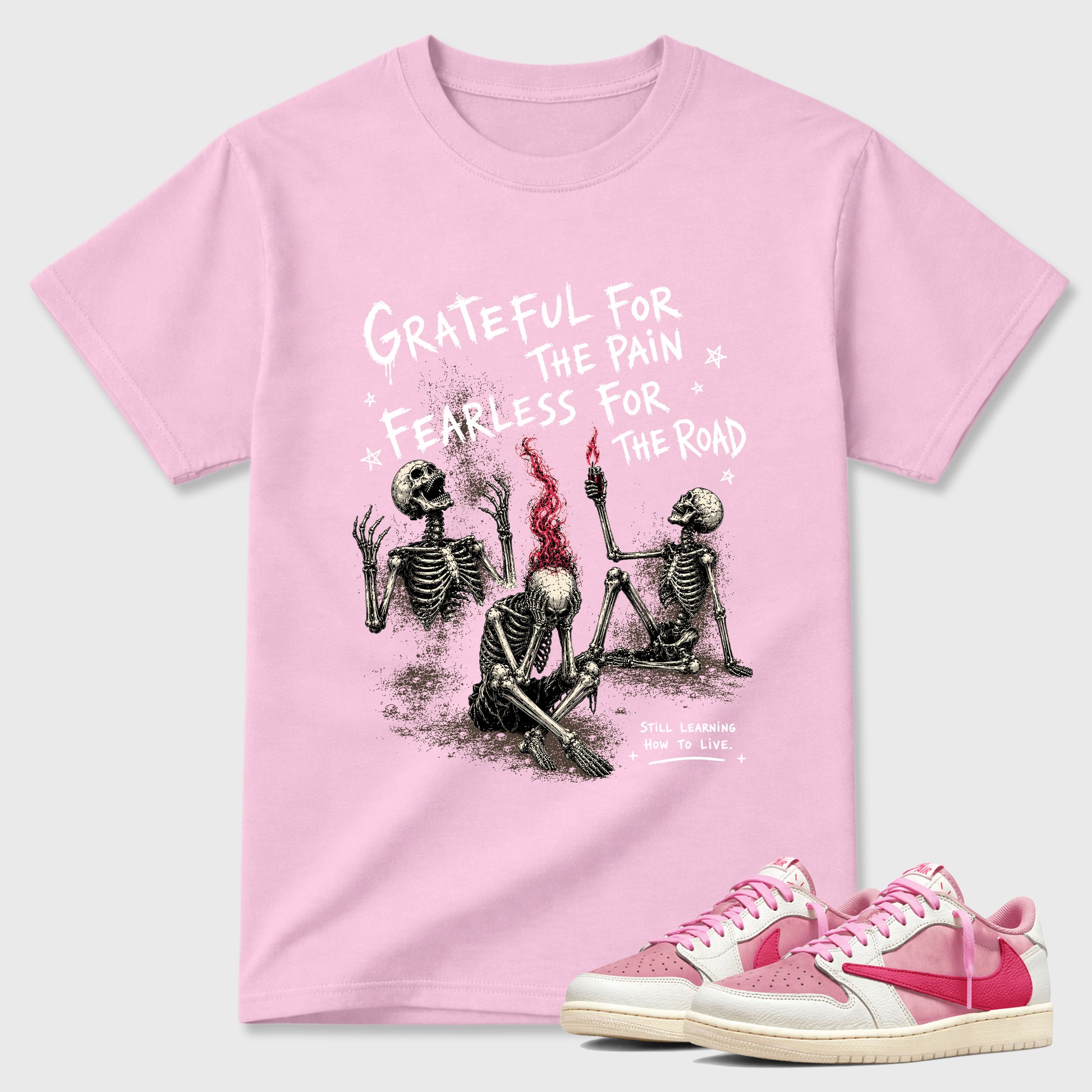 Sneakerfit Streetwear outfit, Sneaker Tees To Match Air Jordan 1 Travis Scott Tropical Pink – Fearless Road Graphic Tee Pink 1