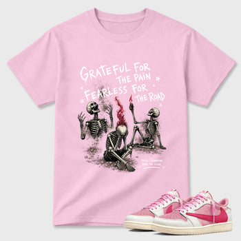 Sneakerfit Streetwear outfit, Sneaker Tees To Match Air Jordan 1 Travis Scott Tropical Pink – Fearless Road Graphic Tee Pink 1