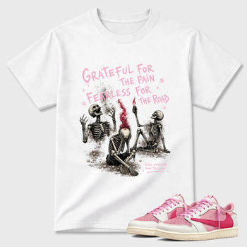 Sneakerfit Streetwear outfit, Sneaker Tees To Match Air Jordan 1 Travis Scott Tropical Pink – Fearless Road Graphic Tee White 1