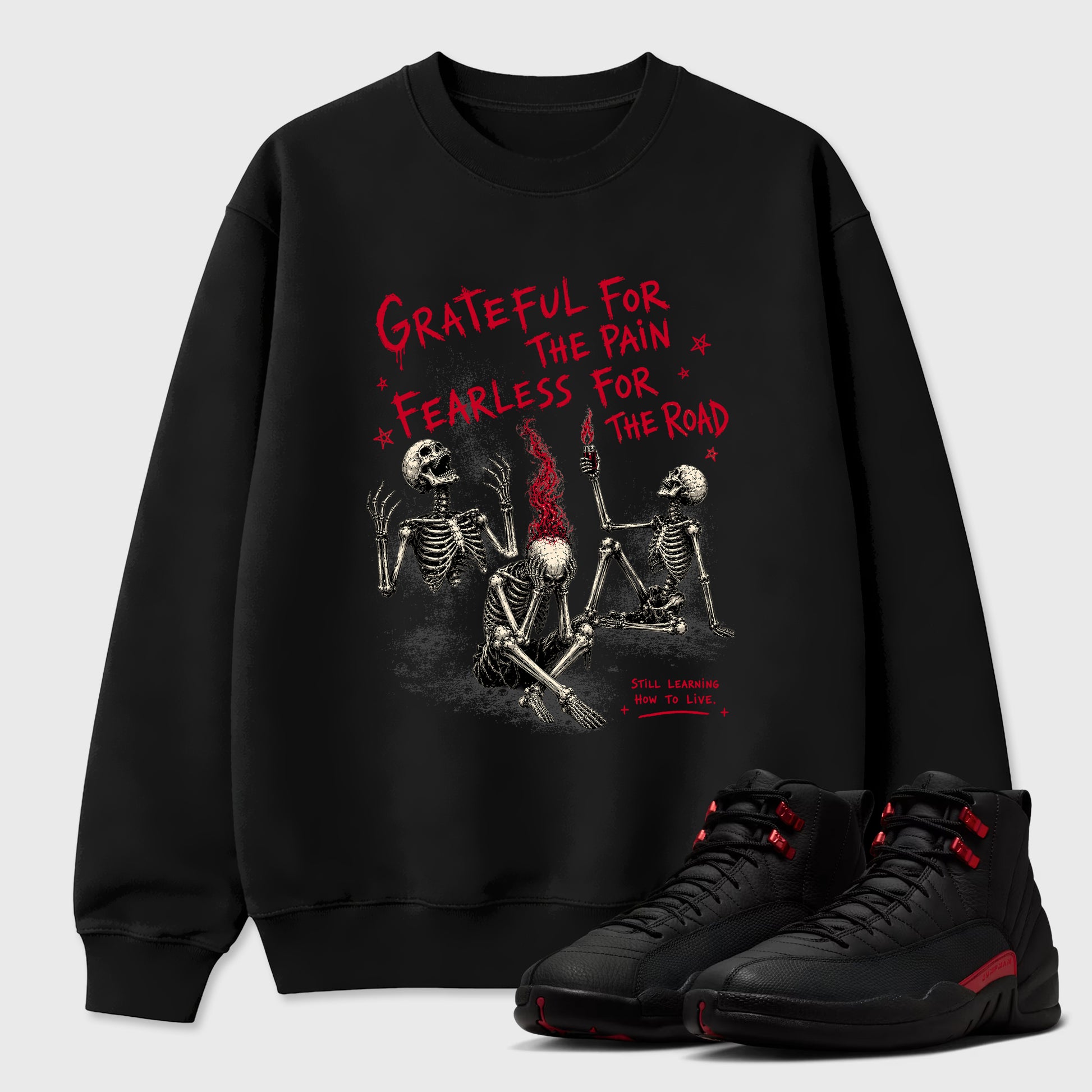 Sneakerfit Streetwear outfit, Sneaker Tees To Match Air Jordan 12 Bloodline – Fearless Road Graphic Tee Black 1