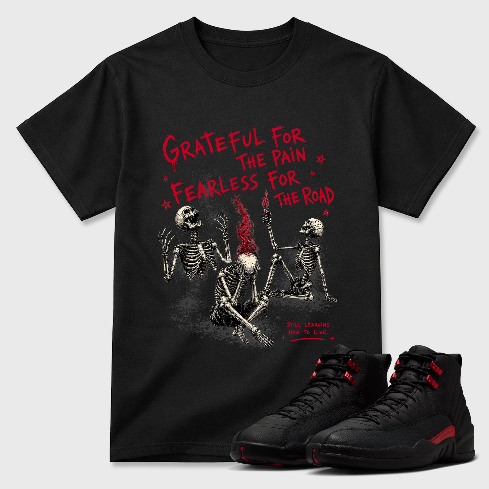 Sneakerfit Streetwear outfit, Sneaker Tees To Match Air Jordan 12 Bloodline – Fearless Road Graphic Tee Black 1